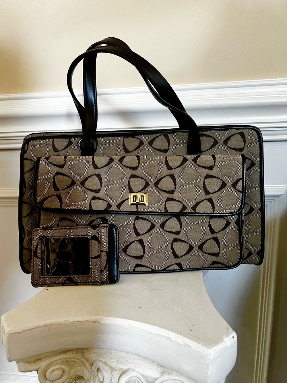Liz Claiborne, Vegan Leather, Brown & Tan Canvas-East/West-Silhouette Tote bag.